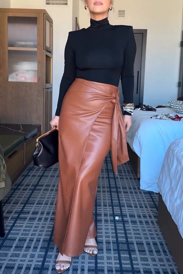 Snappy Casual Slay Faux Leather High Rise Wrap Tie-up Stretch Maxi Skirt