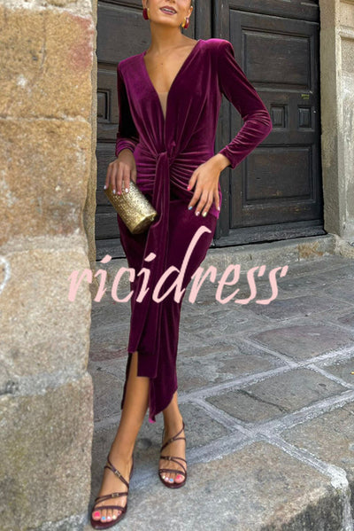 Elisabeth Luxurious Velvet Padded Shoulders Long Sleeve Twist Waist Drape Midi Dress