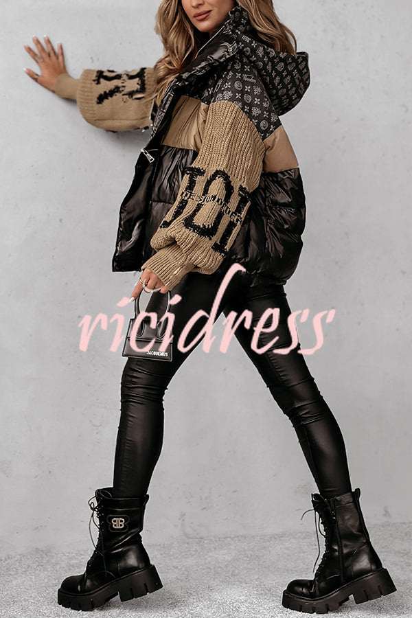 Stylish Denim Knit Long-sleeved Patchwork Hooded Pocket Thickened Jacket