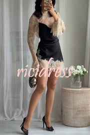 Gothic Romantic Lace Satin Patchwork High Neck Bell Sleeve Loose Mini Dress