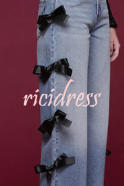 Runway Muse Denim High Rise Bow Trim Pocketed Wide Leg Jeans