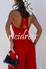 Easy Mode Cross-neck Halter Strap Backless Wide Leg Jumpsuit