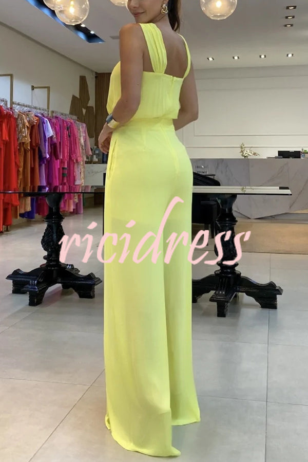 Solid Color Sleeveless Backless Halter Slit Wide Leg Jumpsuit