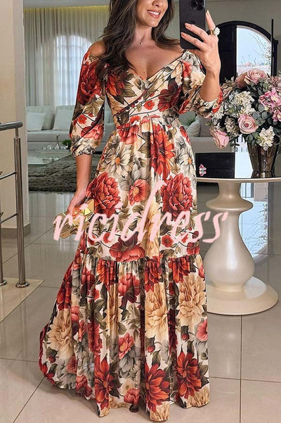 Raiene Floral Print Off Shoulder Tie-up Back Smocked Party Maxi Dress