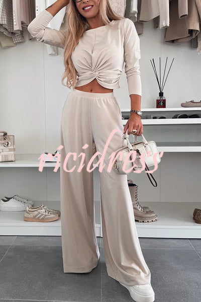 Solid Color Round Neck Long Sleeve Twist Crop Top and Elastic Waist Pocket Wide Leg Pants Set