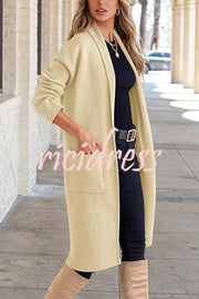 Solid Color Long-sleeved Casual Loose Pocket Mid-length Cardigan