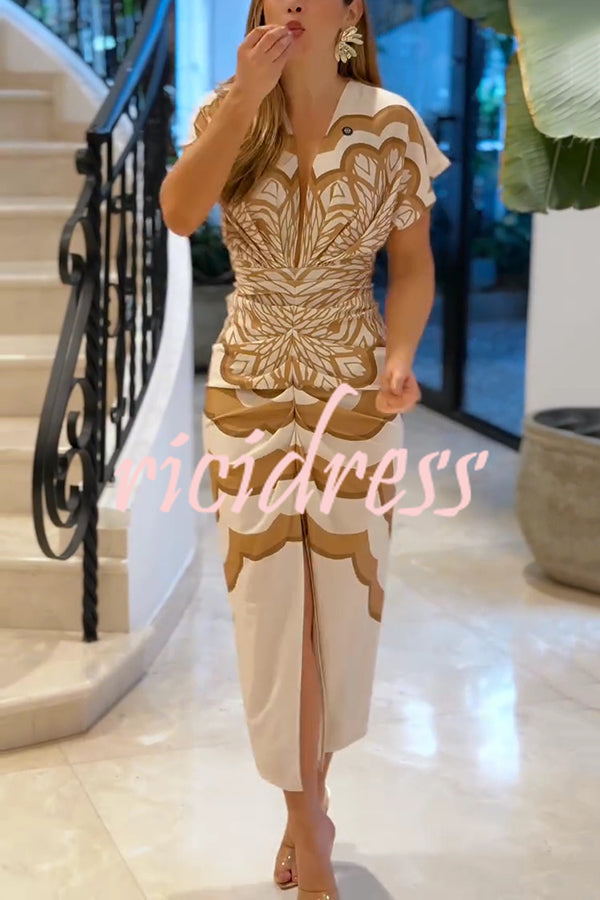 Feona Satin Unique Print V-neck Wide Sleeve Ruched Waist Slit Midi Dress