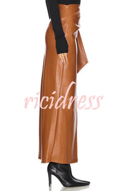 Snappy Casual Slay Faux Leather High Rise Wrap Tie-up Stretch Maxi Skirt