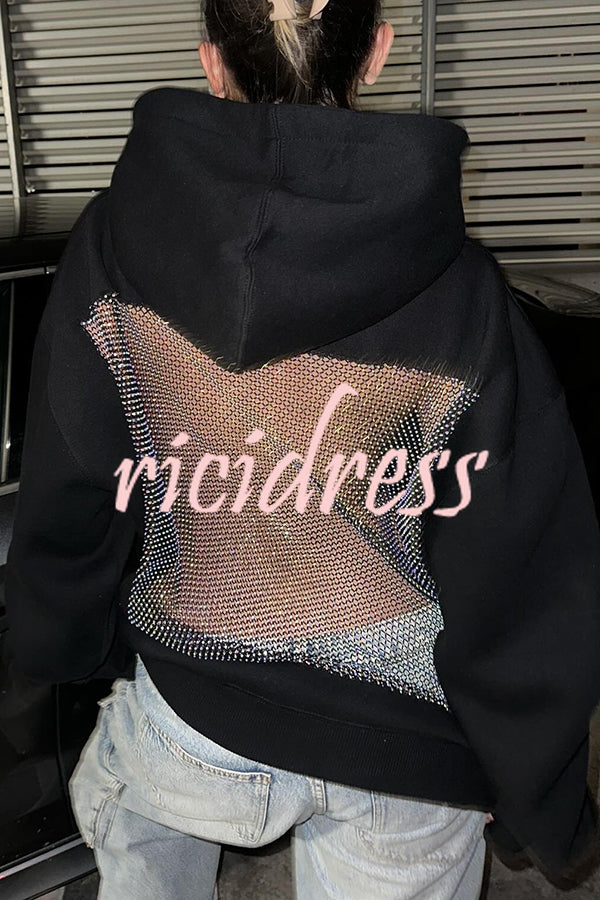 Fashionable Shiny Mesh Hollow Back Loose Long-sleeved Hooded Sweatshirt