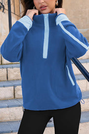 Stylish Color-blocked Trim Loose Casual Pocket Sweatshirt