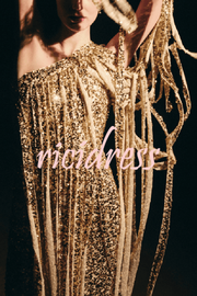 Holiday Muse Sequined Slit Tassels One Shoulder H-line Maxi Dress