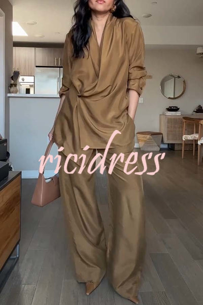 Bella Satin Drape Collar Single Button Casual Blazer and Elastic Waist Pocket Loose Pants Set