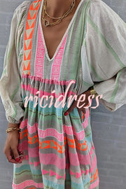 Whisked Away Geometric Color Block Printed A-line Midi Dress