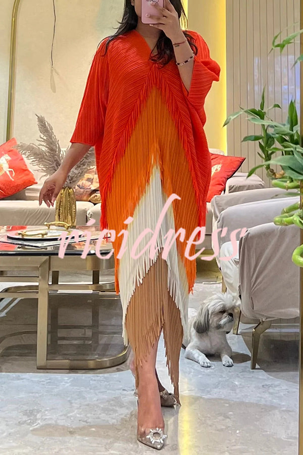 Fashionable Color-blocked Multi-layered Tassel Loose Midi Dress