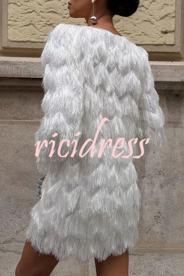 Swaying in The Wind Layered Tassels Wide Neck Long Sleeve H-line Mini Dress