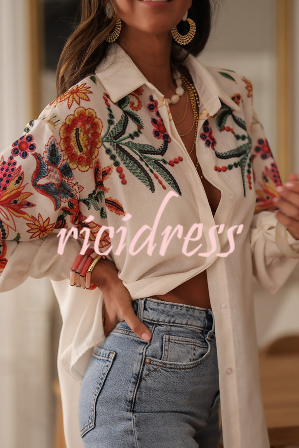 Botanical Print Loose Lapel Long Sleeve Casual Shirt