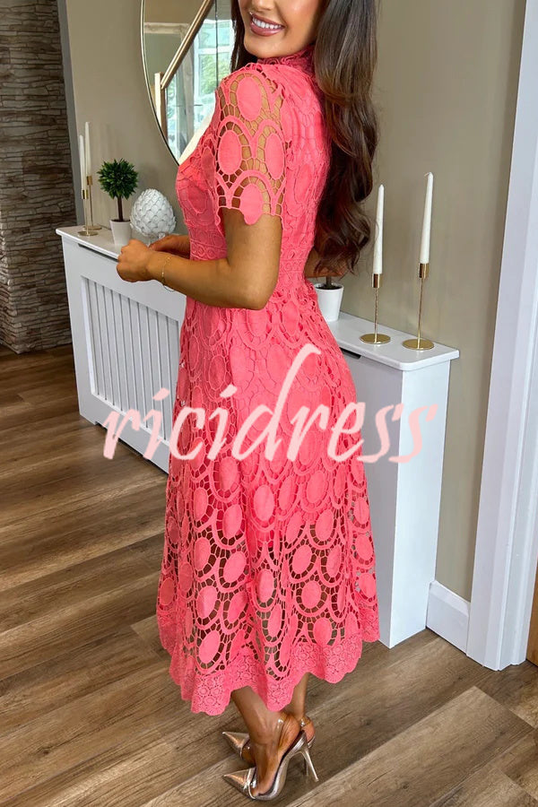 Elegant Crocheted Cutout Lace Short-sleeved Stand-collar Midi Dress