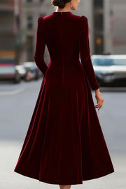 Solid Color Velvet Round Neck Long Sleeve Elegant Maxi Dress