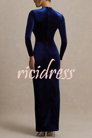 Wishes Velvet High Neck Long Sleeve Ruched Waist Wrap Slit Stretch Maxi Dress