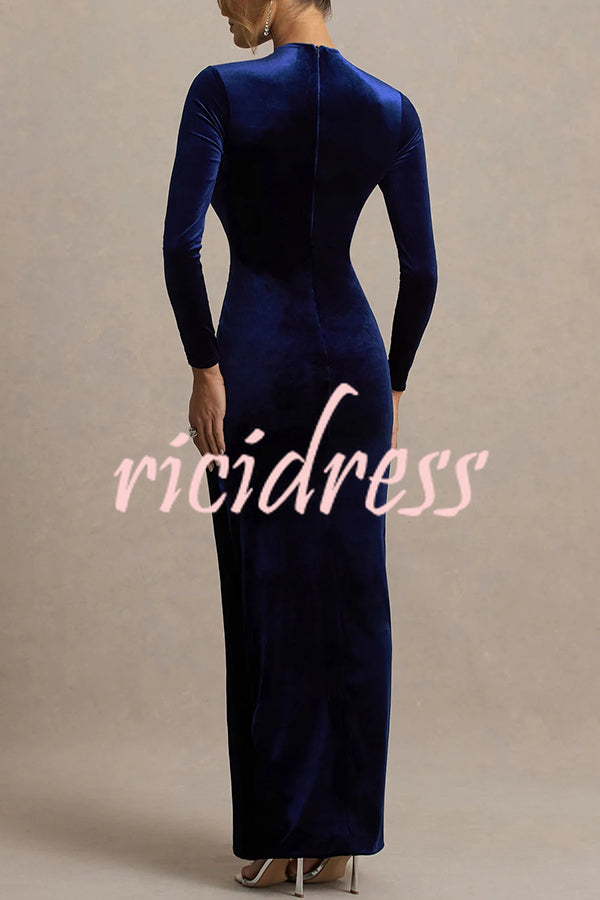 Wishes Velvet High Neck Long Sleeve Ruched Waist Wrap Slit Stretch Maxi Dress