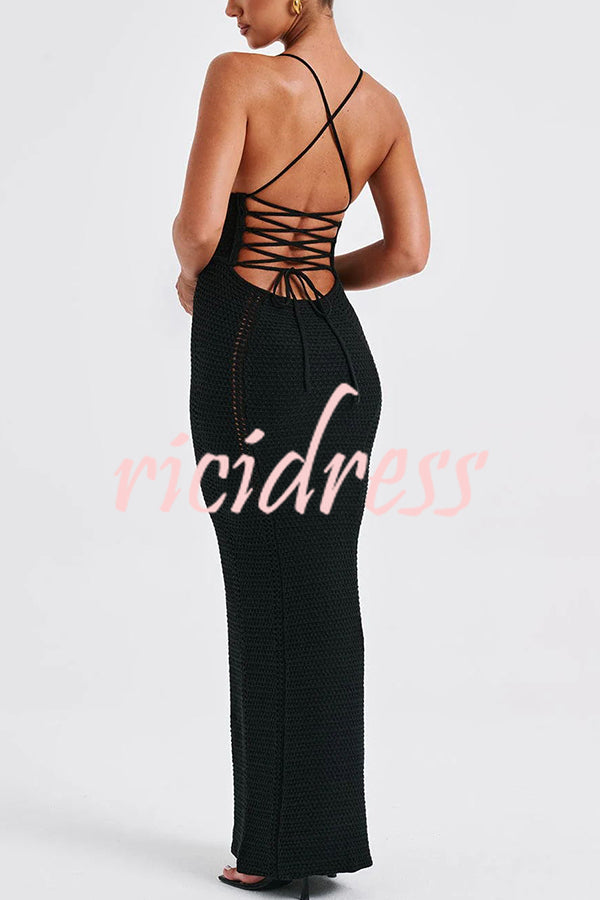 Warm Weather Favorite Knit Crochet Hollow Out Back Lace-up Stretch Maxi Dress
