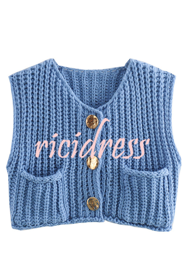 Solid Color Sleeveless Pocket Knitted Vest