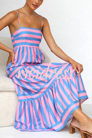 Beachy Dreams Striped Print Back Smocked Pocket A-line Slip Midi Dress
