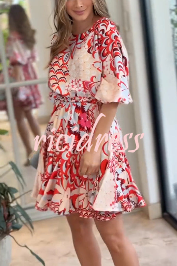 Unique Printed Round Neck Short Sleeve Waist Tie Vacation Mini Dress
