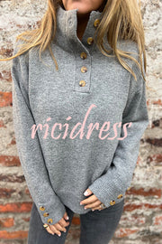 Solid Color High Collar Button Loose Long Sleeve Knitted Sweater