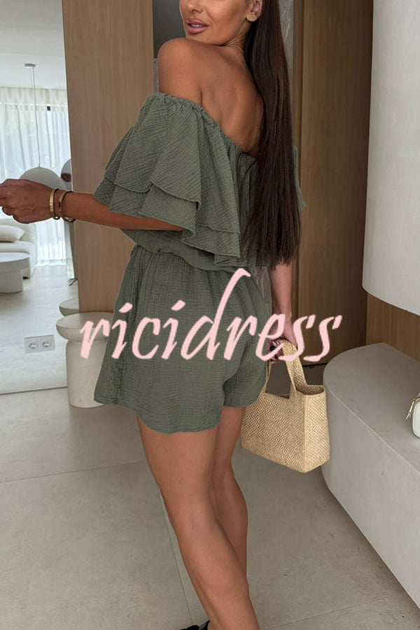 Solid Color Off-shoulder Ruffled Casual Waist Rompers