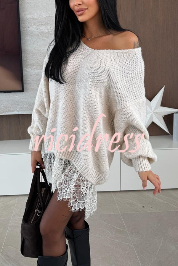 Comfy and Sweet Knit Lace Patchwork Hem Wide Neck Long Sleeve Loose Sweater