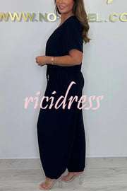 Solid Color V-neck Short-sleeved Waist-tied Loose Casual Jumpsuit
