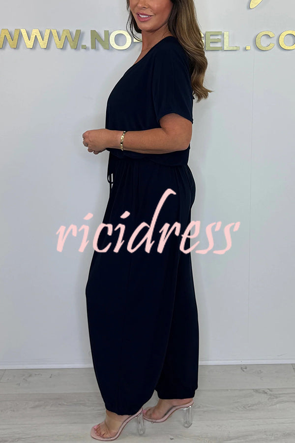 Solid Color V-neck Short-sleeved Waist-tied Loose Casual Jumpsuit