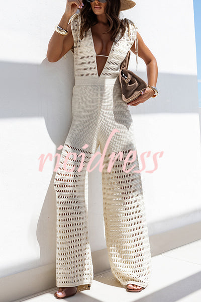 Solid Color Knitted V-neck Holiday Hollow Casual Jumpsuit