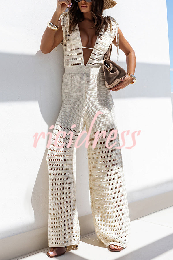 Solid Color Knitted V-neck Holiday Hollow Casual Jumpsuit