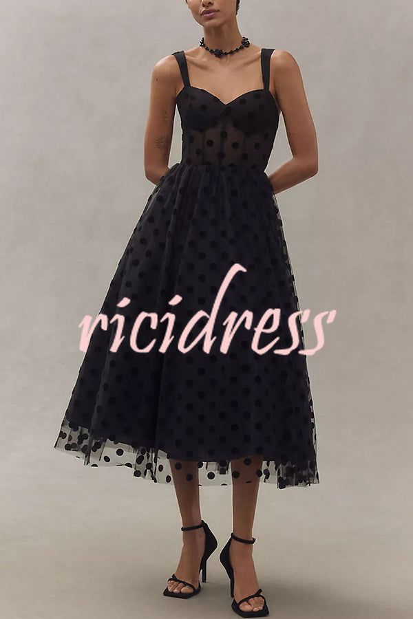 Perfect Guest Tulle Polka Dot Sweetheart Bustier A-Line Midi Dress