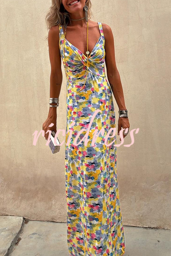 Flora Watercolor Print Crossover Neck Wide Straps Stretch Maxi Dress