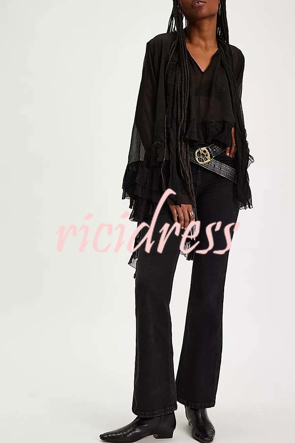 Flowy See-through Ruffle Tie-up Neck Bell Sleeve High-low Hem Cape Shirt