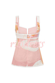 European Summer Linen Blend Ric Rac Trims Unique Print Button Tank