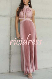 Stunning Choice Satin Pleated Halter High Neck Cutout Waist Backless Maxi Dress