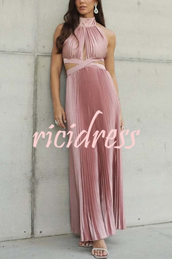 Stunning Choice Satin Pleated Halter High Neck Cutout Waist Backless Maxi Dress