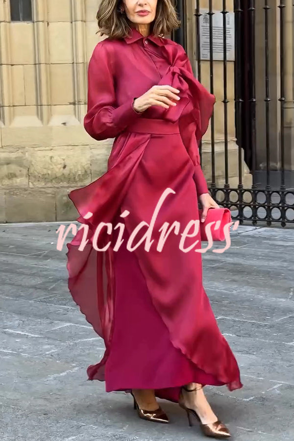 Lily Chiffon Bow Detail Puff Sleeve Blouse and Elegant Layered Maxi Skirt Set
