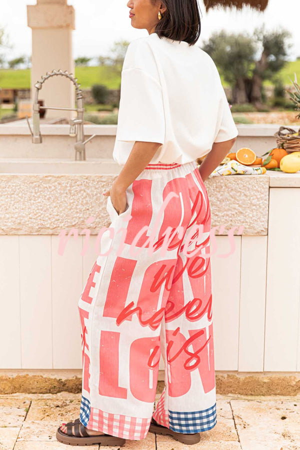 Unique Printed Elastic Waist Pocket Vacation Casual Wide Leg Pants