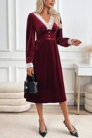 Vintage Velvet Lace Paneled V-neck Long-sleeved Elegant Midi Dress