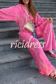 Velvet Zip Up Hooded Top and Drawstring Pants Two Piece Set