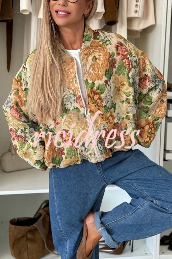 Floral Print Loose Long-sleeved Zip-up Jacket