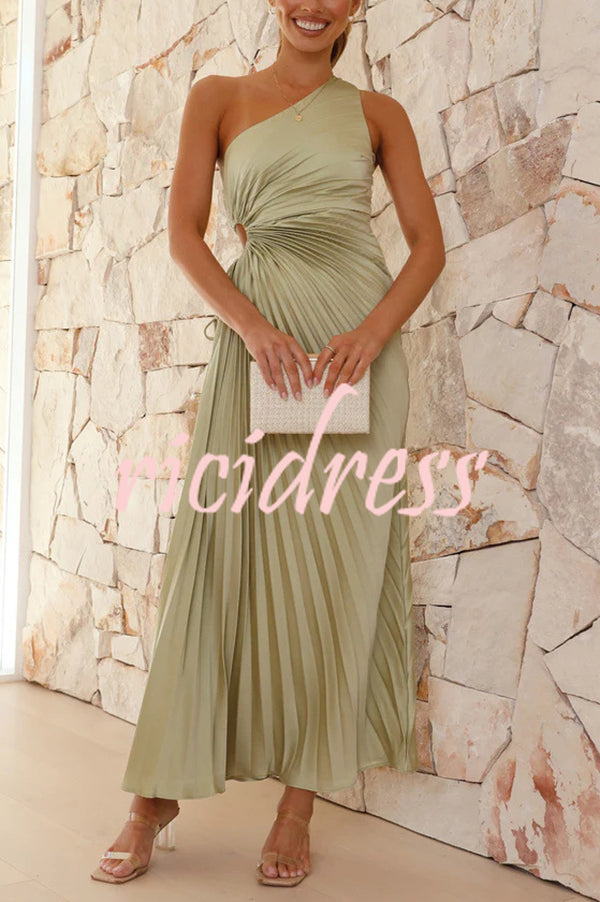 Charming One Shoulder Lace Up Cutout Pleated Maxi Dress