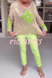 Embroidered Flower Hollow Long-sleeved Holiday Loose Knitted Top