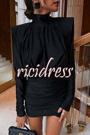Stylish High-Neck Long-Sleeved Slim-Fit Pleated Mini Dress