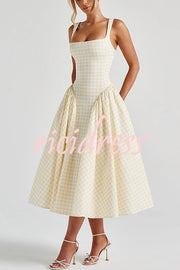 Playful Elf Gingham Square Neck Back Smocked Lace-up Midi Dress